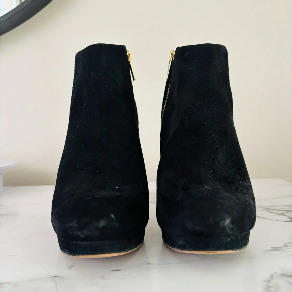 Michael Kors Haven Platform Booties‎ Black Suede Ankle with Gold Accents 9 M